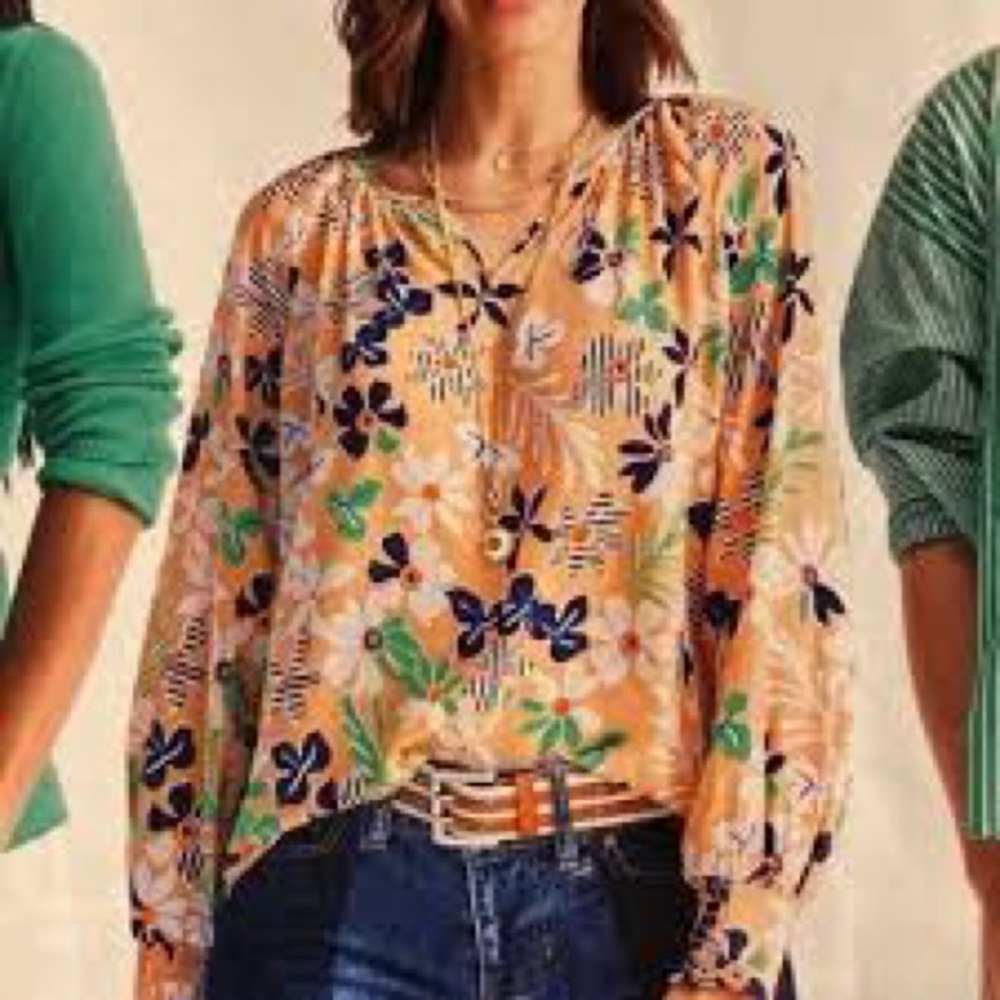 CAbi Floral Blouse in Orange and Blue